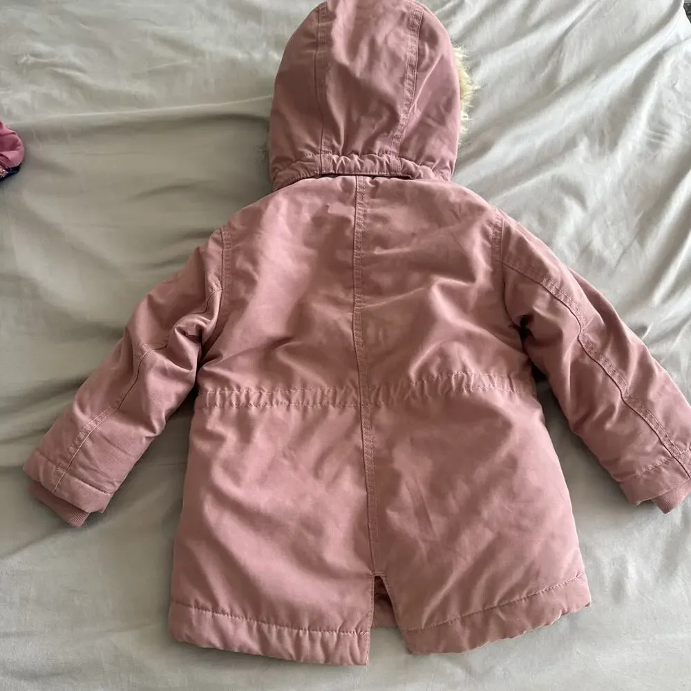 H&M Girls 3T Pink Hooded Puffer Jacket Faux Fur Trim Mid-Length Winter Outdoor